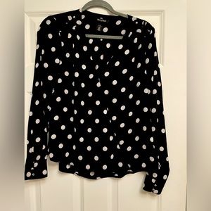 White House Black Market Black long sleeve blouse with white polkadots.